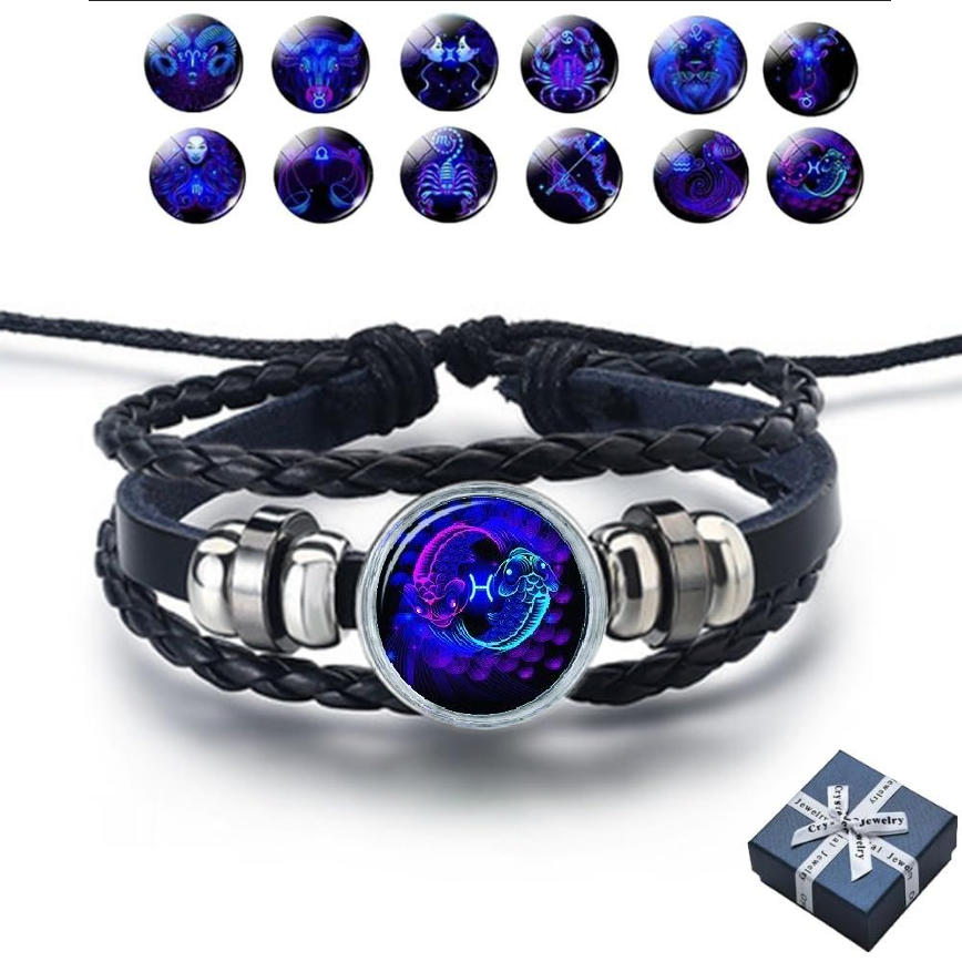 Zodiac™ Constellation Braided Design Black Leather Bracelet Adjustable